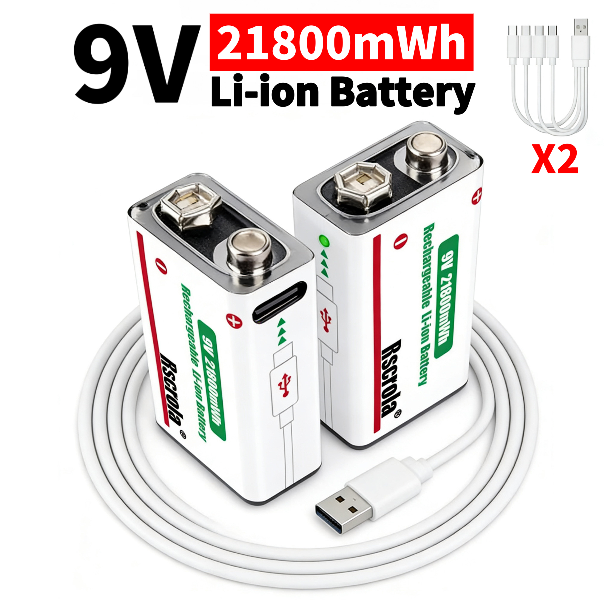 Smoke Detector Interconnected - Long-Lasting 9V Rechargeable Lithium-Ion Battery 21800mWh